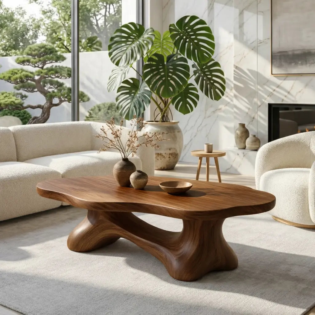 Solid Wood Sculptural Coffee Table with Organic Carved Base, Modern Designer Living Room Table Kitchnce