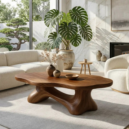 Solid Wood Sculptural Coffee Table with Organic Carved Base, Modern Designer Living Room Table Kitchnce