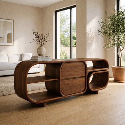 Mid-Century Modern Walnut Console Table - Curved Wood TV Stand with Open Shelving