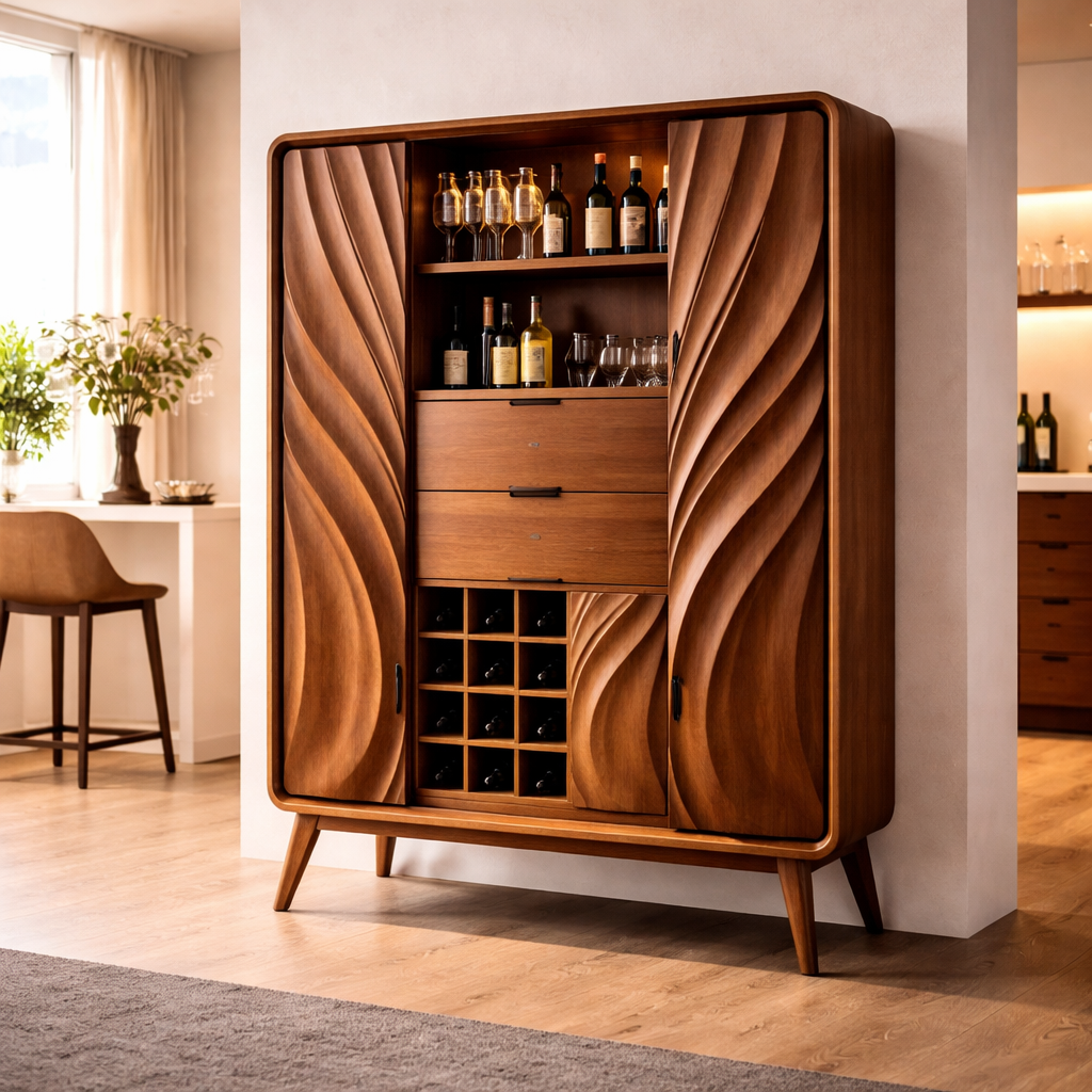 Modern Solid Wood Bar Cabinet with Sculpted Wave Doors and Wine Storage