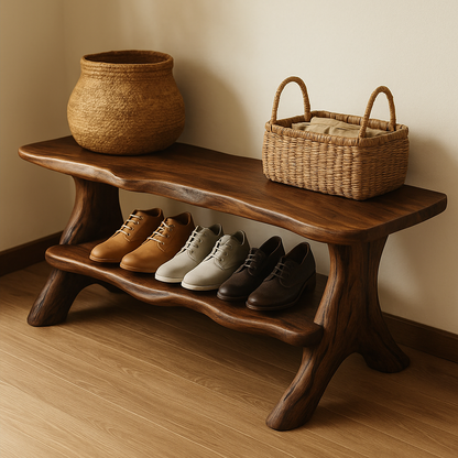 Rustic Solid Wood Shoe Storage Bench – Entryway Wooden Bench with Open Shelf Kitchnce
