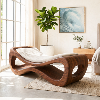 Sculptural Upholstered Daybed Organic Cutout Frame, Cream Cushion Lounger
