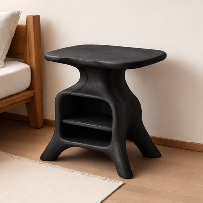 Contemporary Wooden Nightstand with Smooth Curves and Open Storage - Natural Oak Kitchnce