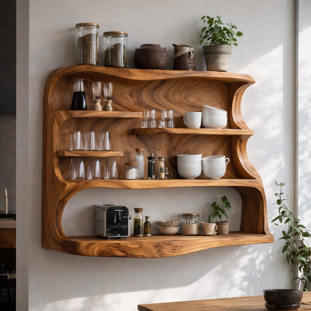 Floating Solid Wood Kitchen Cabinet with Open Shelves | Modern Rustic Storage