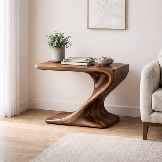 Solid Wood Sculptural End Table – Modern Walnut Curved Side Table for Living Room Kitchnce