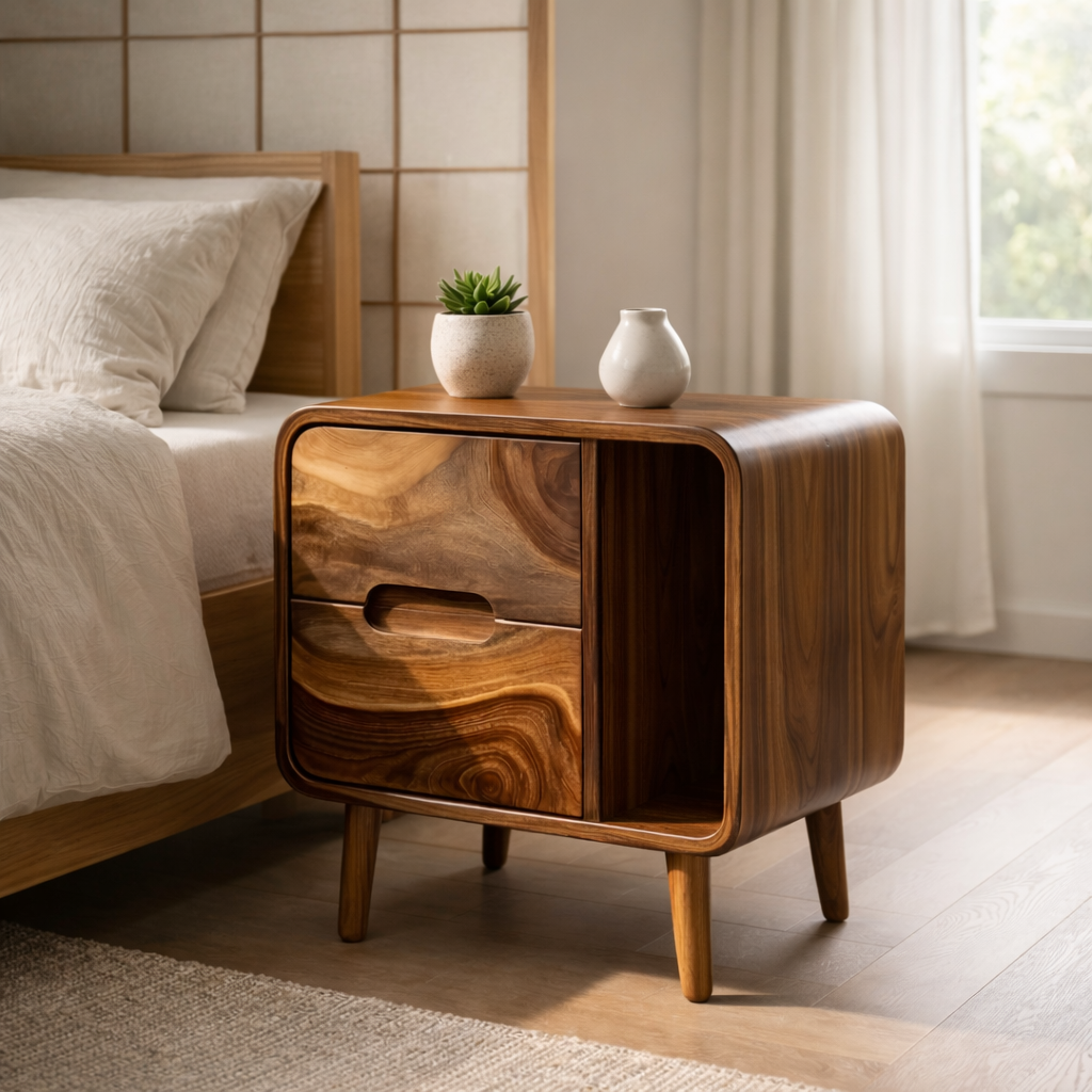 Solid Wood Nightstand with Drawer & Open Cubby – Curved Modern Bedside Table