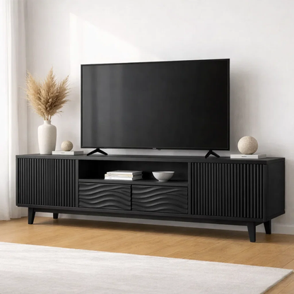Modern Wood TV Cabinet with Slatted Doors & Wave Drawer – Media Console Storage