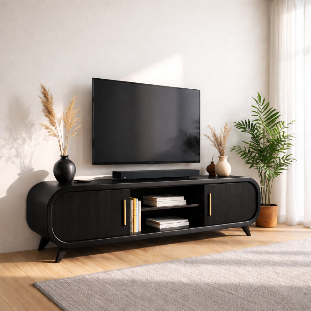 Mid Century Solid Wood TV Stand Curved Media Console Modern Entertainment Center Cabinet Kitchnce
