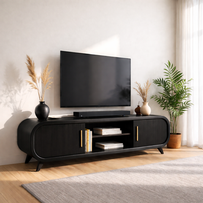 Mid Century Solid Wood TV Stand Curved Media Console Modern Entertainment Center Cabinet Kitchnce