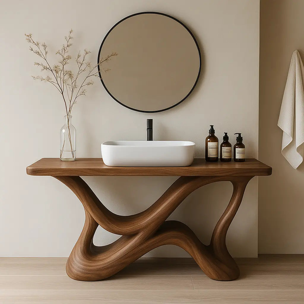 Handcrafted Solid Wood Bathroom Vanity – Organic Interwoven Flow Sculptural Base Design Kitchnce
