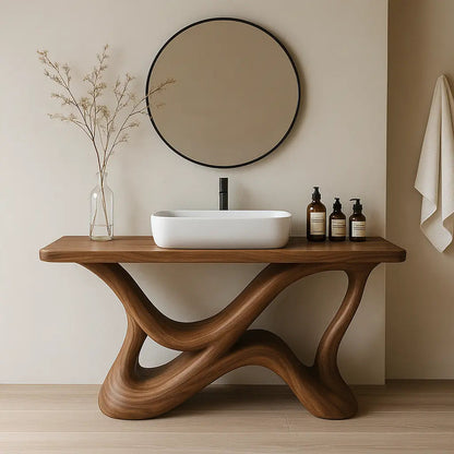 Handcrafted Solid Wood Bathroom Vanity – Organic Interwoven Flow Sculptural Base Design Kitchnce