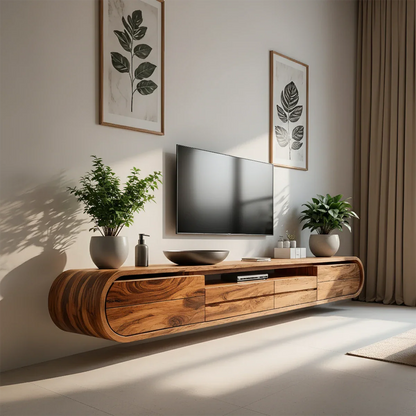 Solid Wood Floating TV Stand Modern Walnut Wall Mounted Media Console
