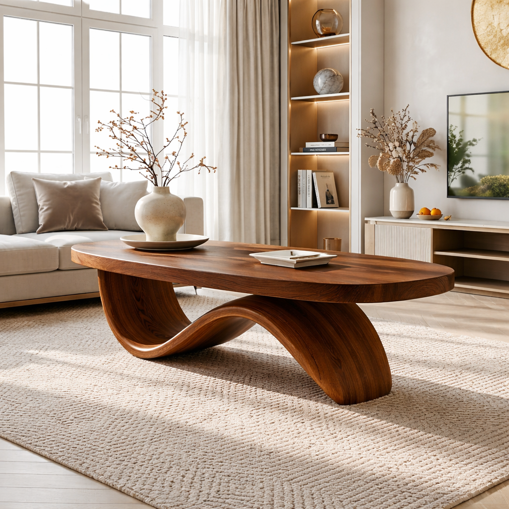 Elegant Wooden Coffee Table with Curved Wavy Design