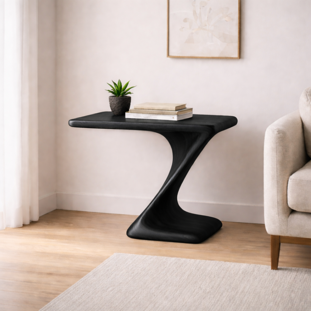Solid Walnut Sculptural End Table – Modern Curved Wood Side Table for Living Room Kitchnce