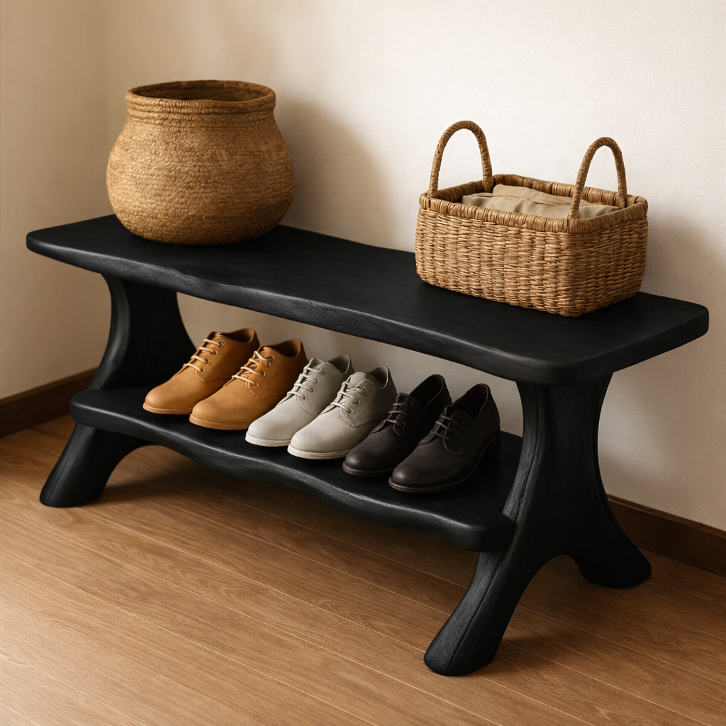 Rustic Solid Wood Shoe Storage Bench – Entryway Wooden Bench with Open Shelf Kitchnce