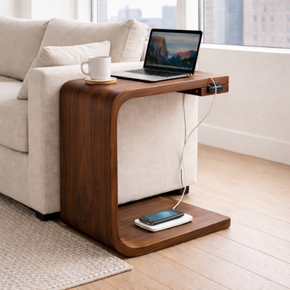Solid Wood C-Shaped End Table with Charging Port – Modern Sofa Side Table Kitchnce
