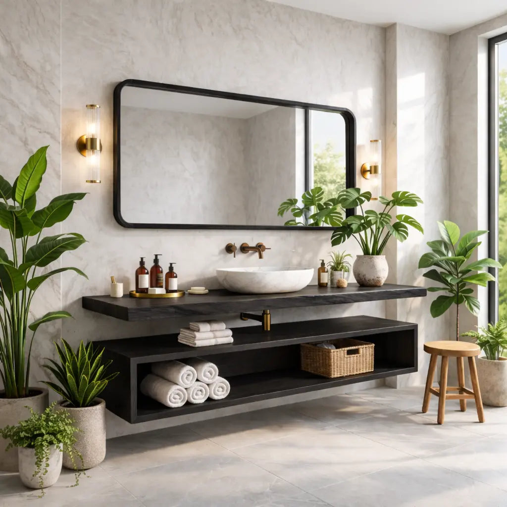 Floating Vanity with Natural Wood Finish and Open Shelf for Bathroom Kitchnce
