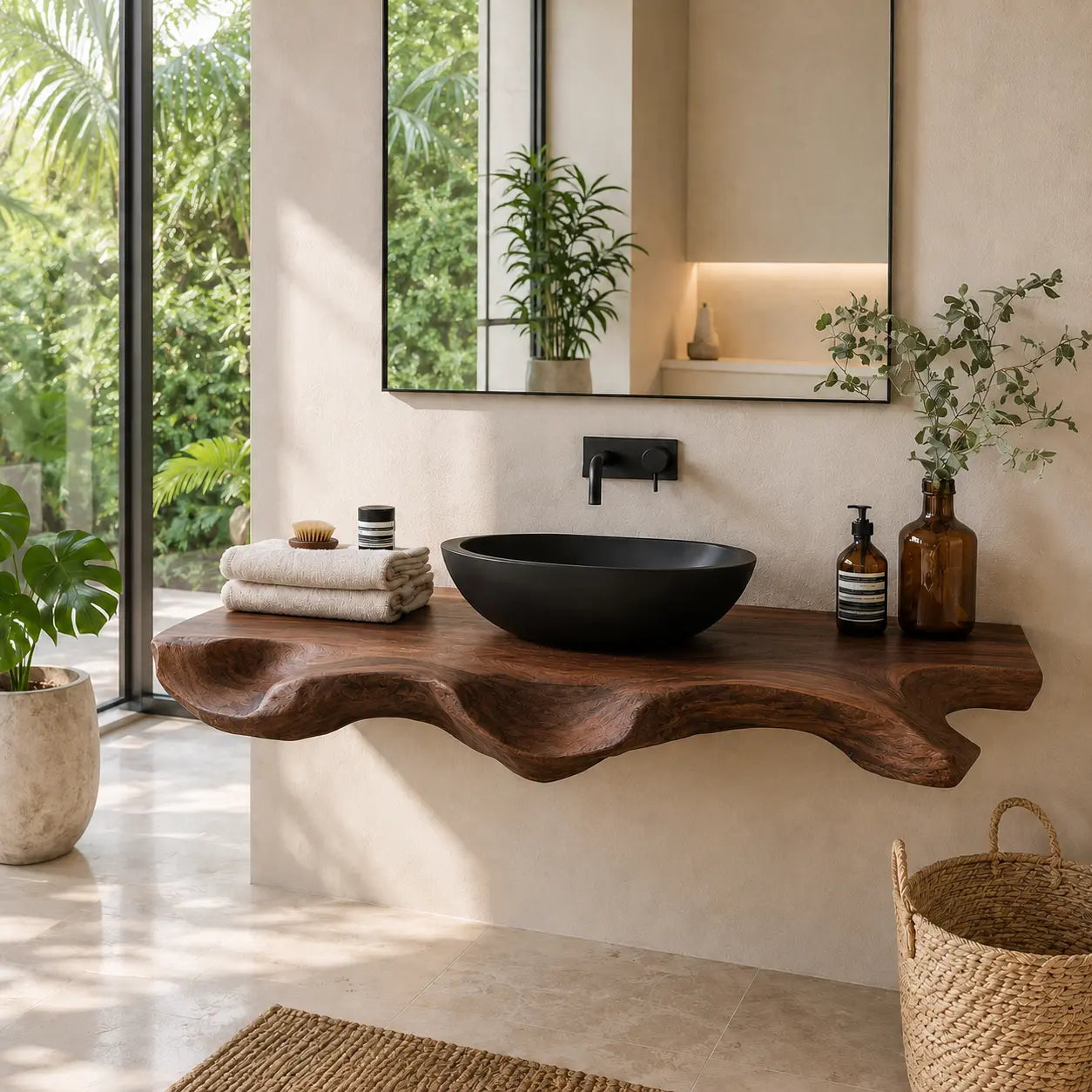 Sculptural Live Edge Vanity Shelf | Modern Solid Wood Floating Bathroom Kitchnce