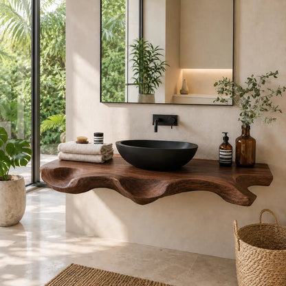 Sculptural Live Edge Vanity Shelf | Modern Solid Wood Floating Bathroom Kitchnce