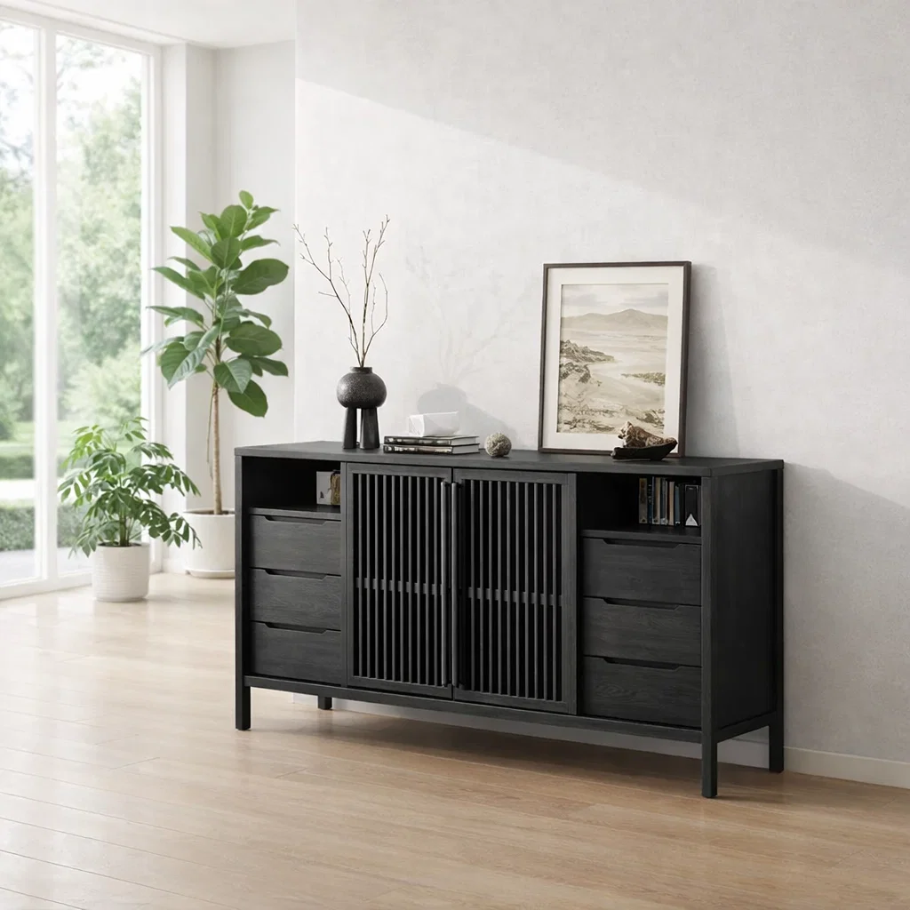 Large Sideboard Cabinet with Slatted Doors and Drawers – Modern Storage Console