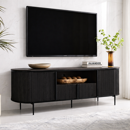 Modern Solid Wood TV Stand Curved Fluted Media Console with Metal Base Storage