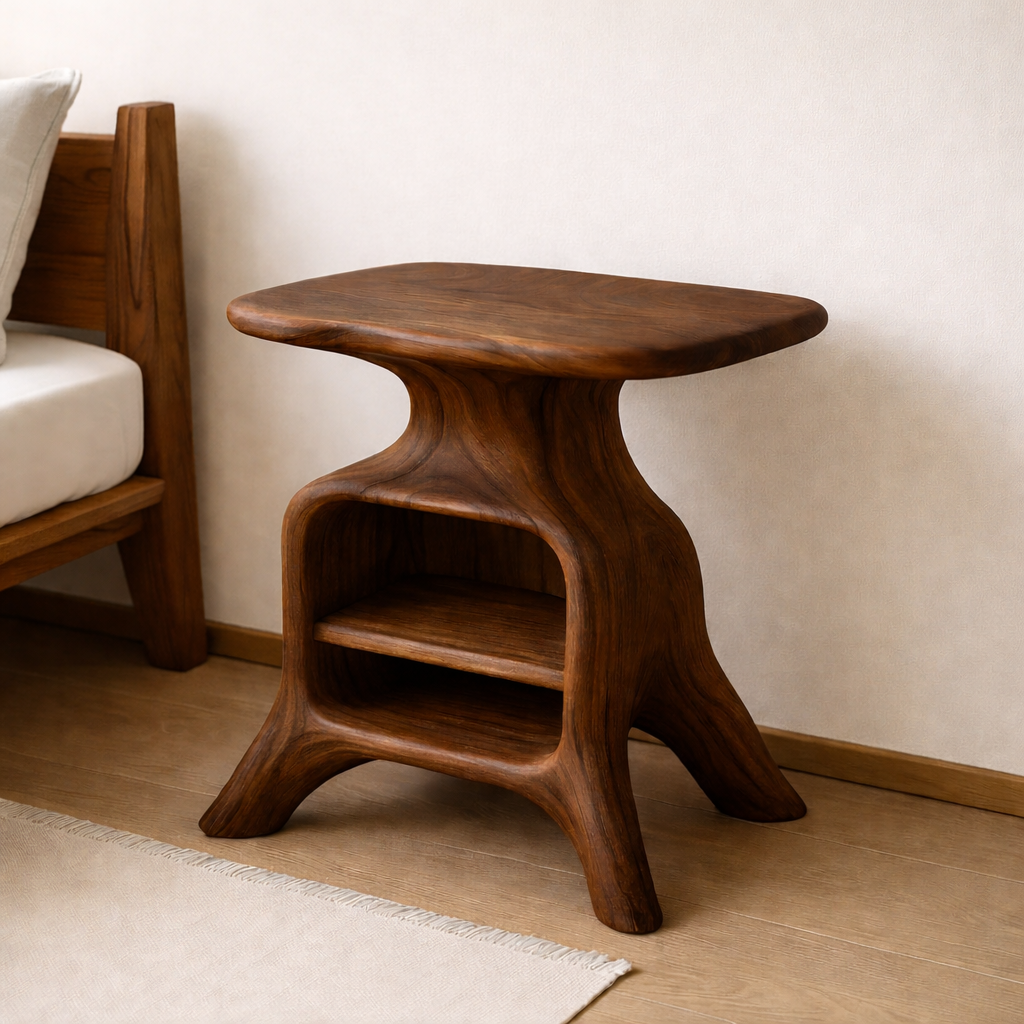 Contemporary Wooden Nightstand with Smooth Curves and Open Storage - Natural Oak Kitchnce