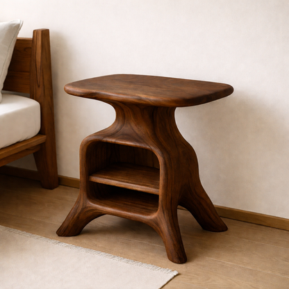 Contemporary Wooden Nightstand with Smooth Curves and Open Storage - Natural Oak Kitchnce