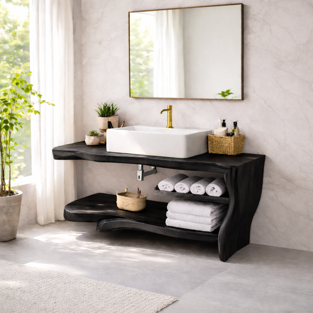 Live Edge Solid Wood Bathroom Vanity with Shelf – Rustic Modern Floating Vanity