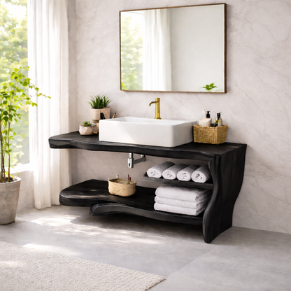 Live Edge Solid Wood Bathroom Vanity with Shelf – Rustic Modern Floating Vanity