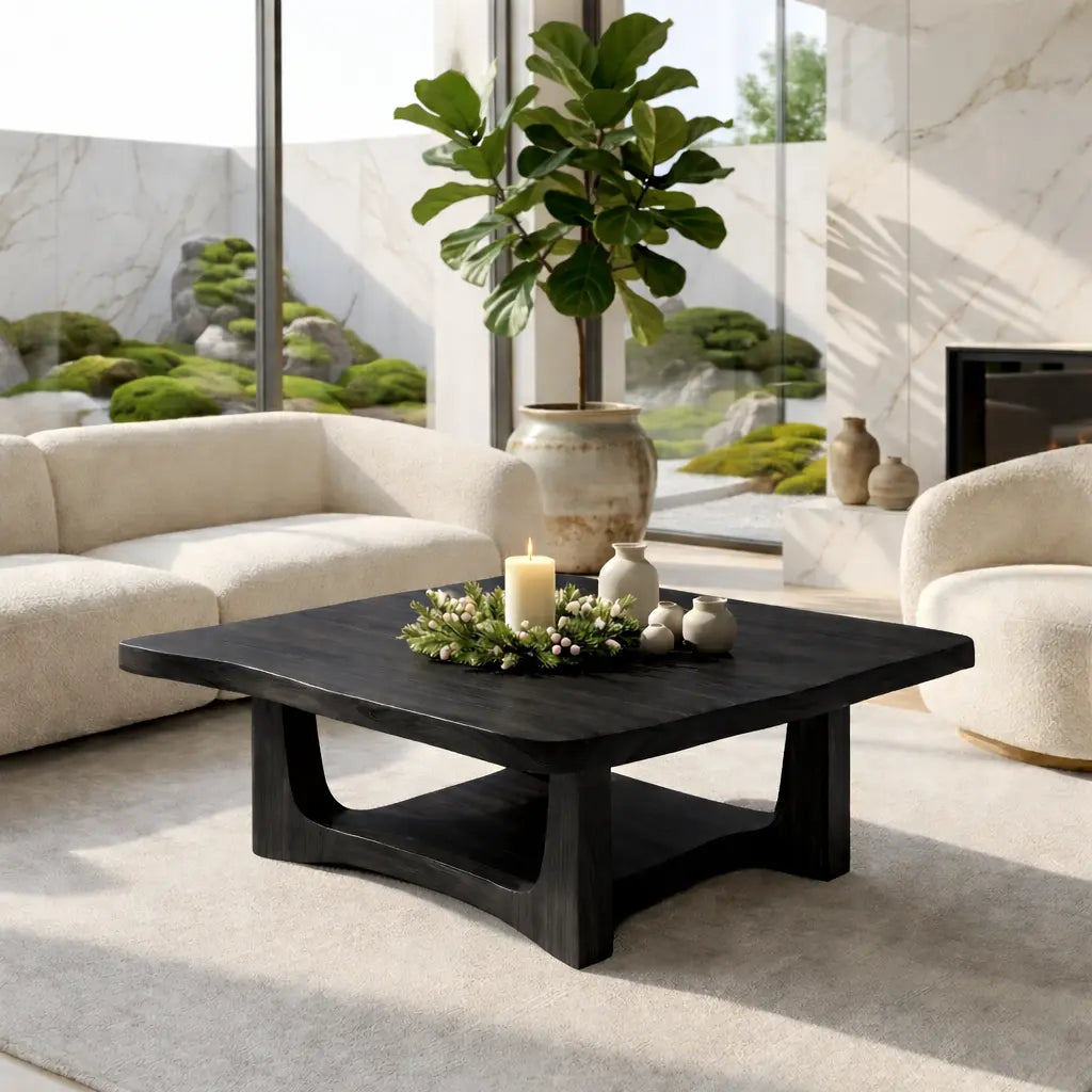 Solid Oak Coffee Table with Curved Edges and Open Base, Modern Japanese Style Living Room Table Kitchnce