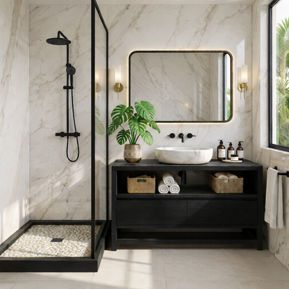 Modern Oak Bathroom Vanity with Marble Sink and LED Mirror Kitchnce