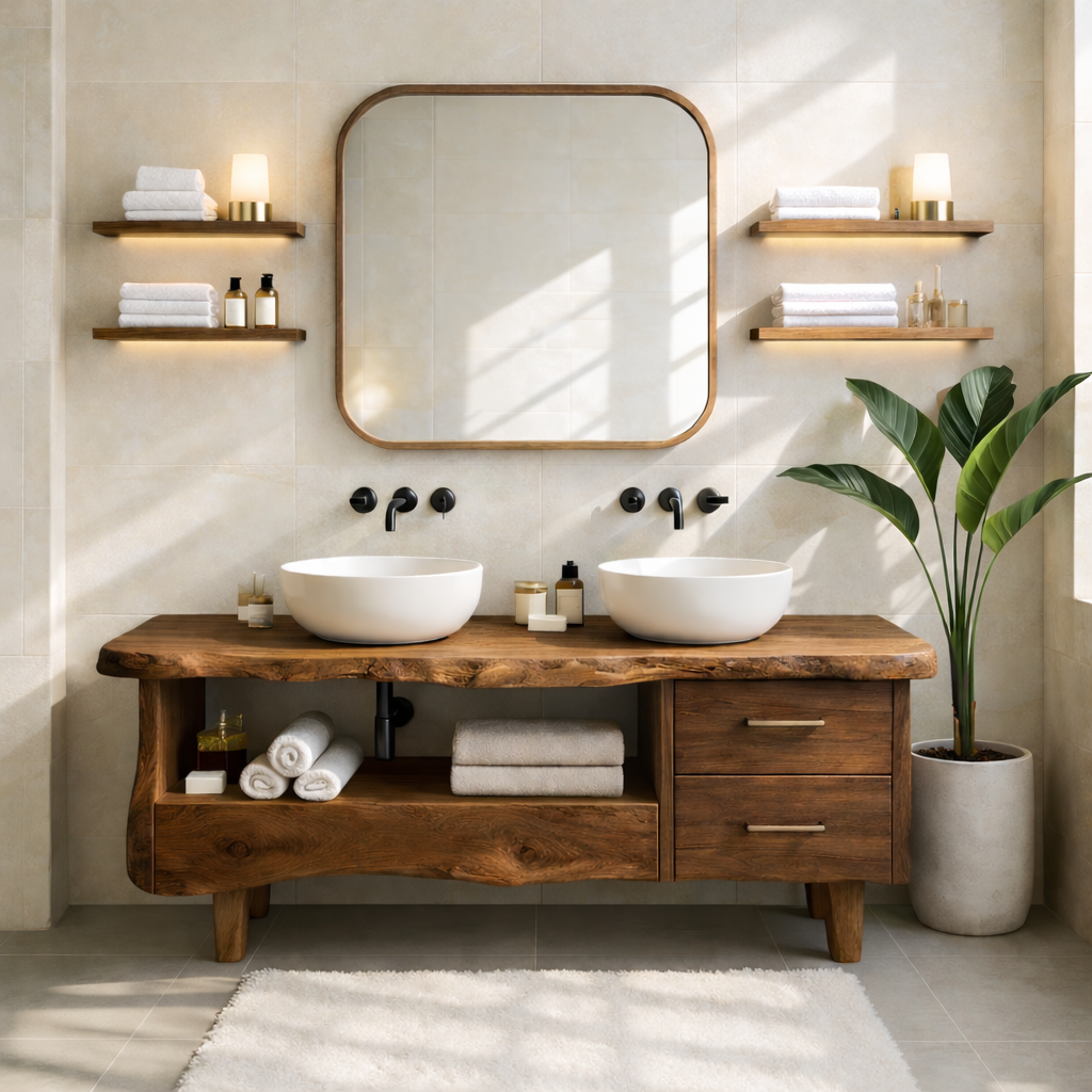 Rustic Double Bathroom Vanity Cabinet With Live Edge Wood Top And Drawers Kitchnce