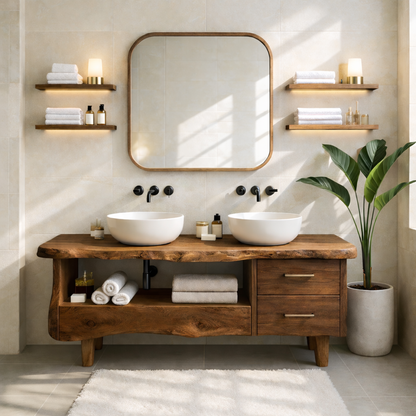 Rustic Double Bathroom Vanity Cabinet With Live Edge Wood Top And Drawers Kitchnce