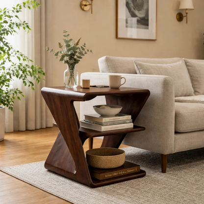 Modern Solid Wood End Table with Storage Shelves – Sculptural Side Table