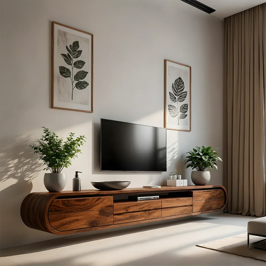 Solid Wood Floating TV Stand Modern Walnut Wall Mounted Media Console
