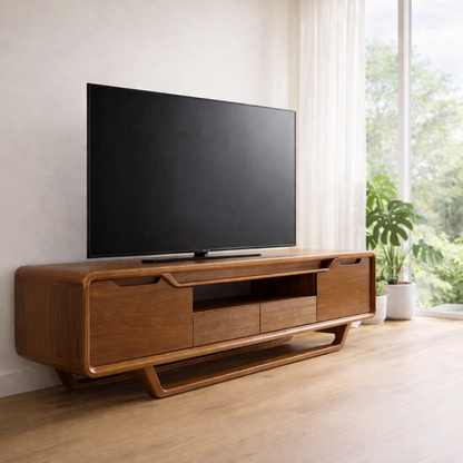 Modern Solid Wood TV Console with Curved Edges & Storage Cabinets