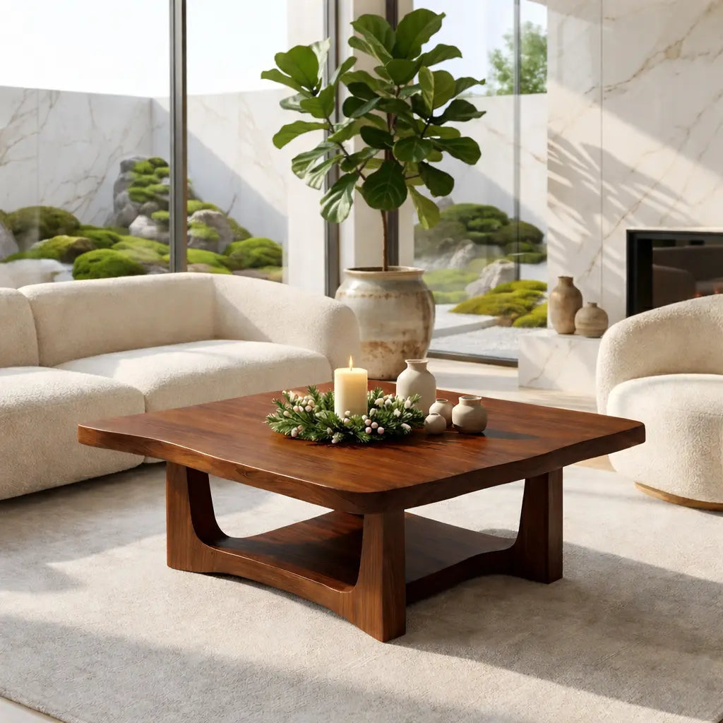 Solid Oak Coffee Table with Curved Edges and Open Base, Modern Japanese Style Living Room Table Kitchnce