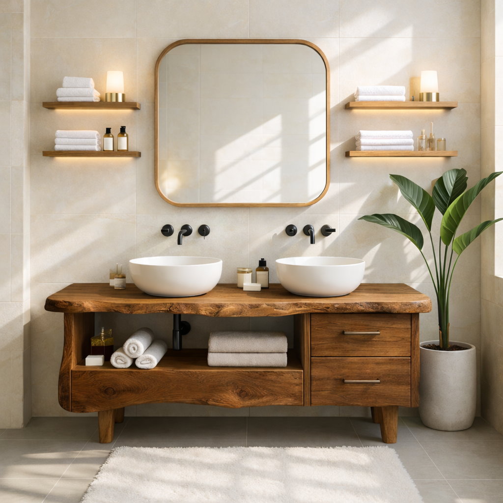 Rustic Double Bathroom Vanity Cabinet With Live Edge Wood Top And Drawers Kitchnce