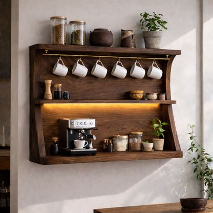 Solid Wood Floating Kitchen Cabinet with Coffee Station | Modern Kitchen Shelf Kitchnce