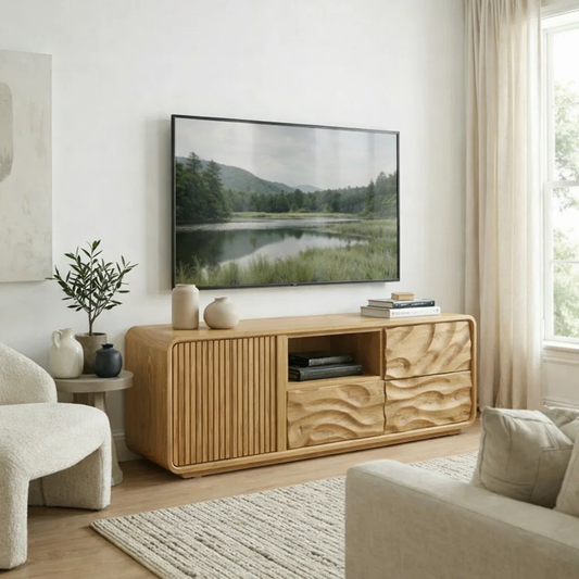 Solid Wood Media Console with Fluted & Carved Doors, Modern TV Stand with Storage