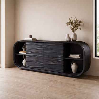 Wave Carved Walnut Console Cabinet - Curved Sideboard with Organic Textures
