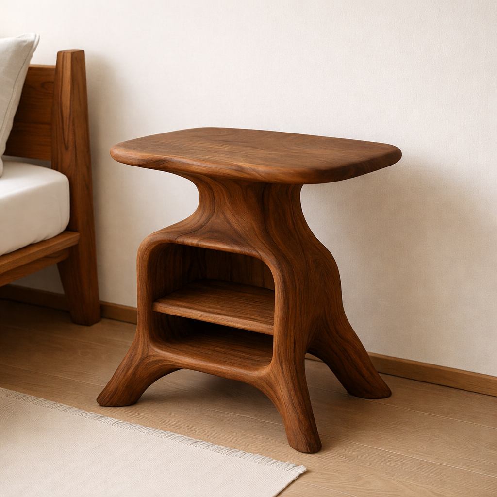 Contemporary Wooden Nightstand with Smooth Curves and Open Storage - Natural Oak Kitchnce
