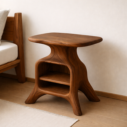 Contemporary Wooden Nightstand with Smooth Curves and Open Storage - Natural Oak Kitchnce