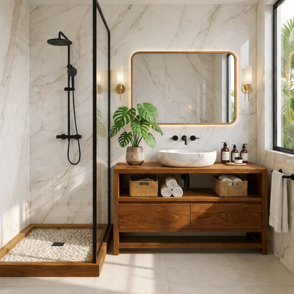 Modern Oak Bathroom Vanity with Marble Sink and LED Mirror Kitchnce