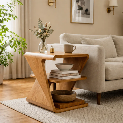 Modern Solid Wood End Table with Storage Shelves – Sculptural Side Table