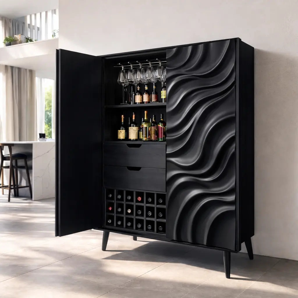 Solid Wood Bar Cabinet with Wine Rack – Modern Liquor Storage Cabinet Kitchnce