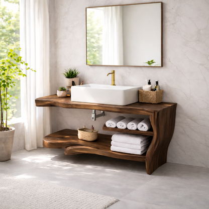 Live Edge Solid Wood Bathroom Vanity with Shelf – Rustic Modern Floating Vanity