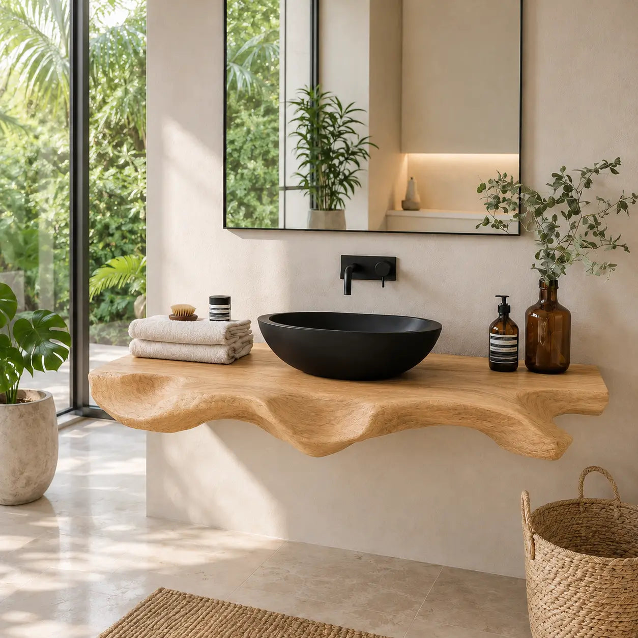 Sculptural Live Edge Vanity Shelf | Modern Solid Wood Floating Bathroom Kitchnce