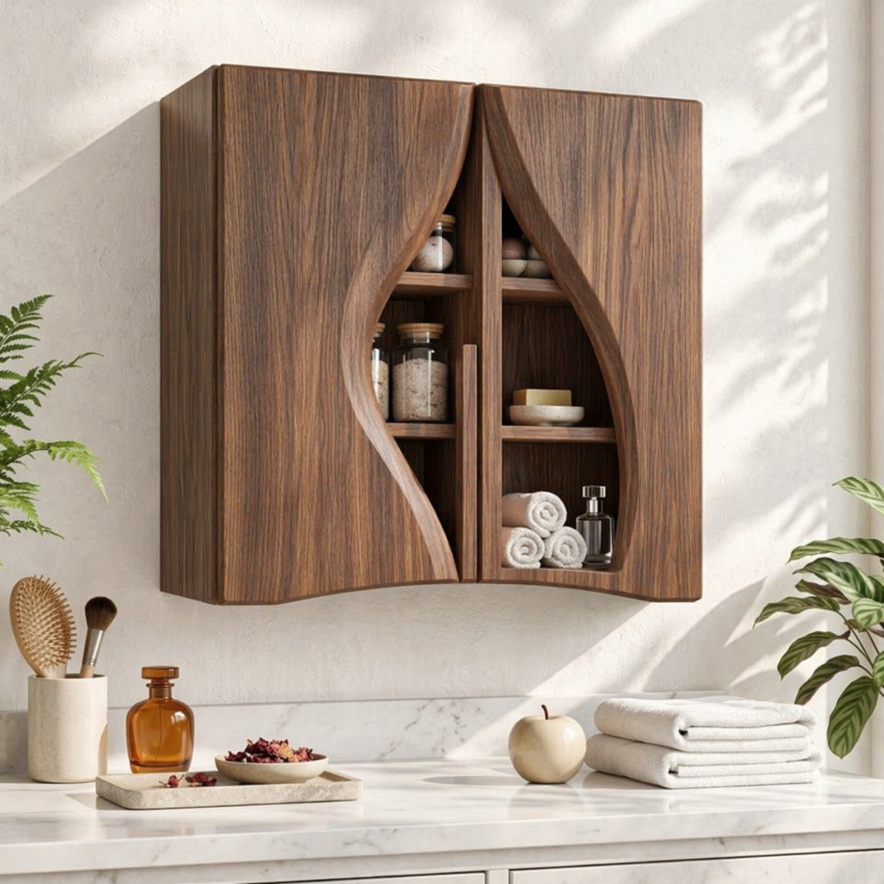 Floating Bathroom Cabinet, Modern Curved Wall Mounted Vanity Storage Organizer Unit