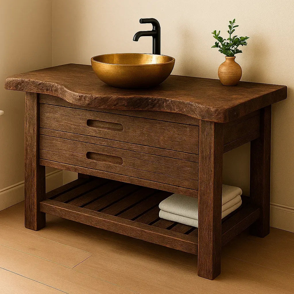 Handcrafted Solid Wood Bathroom Vanity – Rustic Live Edge Base with Drawers and Slatted Shelf Kitchnce